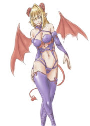 Rule 34 | 1girl, alternate costume, bare shoulders, blonde hair, breasts, bridal gauntlets, cleavage, covered erect nipples, demon girl, demon horns, demon tail, demon wings, green eyes, hair over one eye, harness, horns, looking at viewer, lowres, mizuhashi parsee, navel, onsoku neko-punch, pointy ears, purple thighhighs, resized, short hair, simple background, solo, standing, tail, thighhighs, touhou, white background, wings