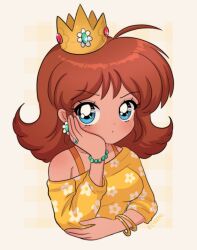 Rule 34 | 1990s (style), 1girl, blue eyes, blush, bracelet, breasts, brown hair, chellyko, collarbone, crown, earrings, floral print, flower earrings, flower ring, head rest, highres, jewelry, long hair, long sleeves, looking at viewer, mario (series), medium breasts, nintendo, princess daisy, print shirt, retro artstyle, ring, shirt, sparkle, super mario land, upper body, yellow background, yellow shirt
