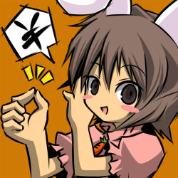 Rule 34 | 1girl, ^^^, animal ears, blush stickers, brown eyes, brown hair, carrot, carrot necklace, collar, collared dress, dress, eyebrows, female focus, hair between eyes, inaba tewi, jewelry, necklace, noya makoto, open mouth, orange background, pink dress, puffy short sleeves, puffy sleeves, rabbit ears, short hair, short sleeves, simple background, smile, solo, speech bubble, touhou