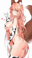 Rule 34 | 1girl, absurdres, animal ear fluff, animal ears, animal print, ass, bare shoulders, bikini, blush, bottomless, breasts, commentary request, cow print, cowboy shot, elbow gloves, fate/extra, fate (series), fox ears, fox girl, fox shadow puppet, fox tail, from side, gloves, hair between eyes, heart, highres, holding strap, large breasts, long hair, looking at viewer, looking to the side, pink hair, print bikini, print gloves, print thighhighs, sideboob, silver (chenwen), simple background, smile, solo, standing, string bikini, swimsuit, tail, tail raised, tamamo (fate), tamamo no mae (fate/extra), thick thighs, thighhighs, thighs, very long hair, white background, yellow eyes