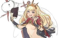 Rule 34 | 10s, 1girl, :d, blonde hair, blush, book, breasts, cagliostro (granblue fantasy), cape, granblue fantasy, hairband, holding, holding book, long hair, no nipples, open mouth, osakana (denpa yun&#039;yun), ouroboros (granblue fantasy), penis, purple eyes, simple background, sketch, small breasts, smile, solo, topless, upper body, white background