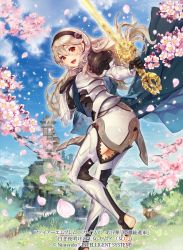 Rule 34 | 1girl, barefoot, cherry blossoms, commentary request, company name, copyright name, corrin (female) (fire emblem), corrin (fire emblem), day, fire emblem, fire emblem cipher, fire emblem fates, hairband, holding, holding sword, holding weapon, itou misei, long hair, long sleeves, looking at viewer, nintendo, official art, outdoors, petals, puffy sleeves, solo, sparkle, stirrup legwear, sword, thighhighs, thighs, toeless legwear, weapon, white hair, yato (fire emblem)