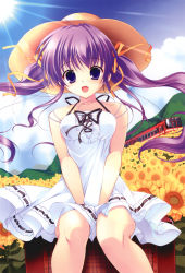 Rule 34 | 1girl, :d, absurdres, dress, fang, flower, hair ribbon, hat, highres, long hair, mikeou, open mouth, purple eyes, purple hair, ribbon, sitting, skirt, smile, solo, sun hat, sunflower, train, twintails, white skirt