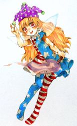 Rule 34 | 1girl, american flag dress, american flag legwear, blonde hair, blush, cacts (pikasan), clownpiece, collar, dress, fairy wings, fire, frilled collar, frilled shirt collar, frills, full body, hat, holding, jester cap, long hair, looking at viewer, neck ruff, open mouth, pantyhose, polka dot, red eyes, short sleeves, simple background, smile, solo, standing, striped clothes, striped dress, striped pantyhose, torch, touhou, traditional media, white background, wings
