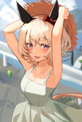 Rule 34 | 1girl, alternate costume, animal ears, arms up, blurry, blurry background, blush, bow, breasts, cleavage, curren chan (umamusume), dress, ear bow, hairband, hands on headwear, hat, highres, horse ears, horse girl, horse tail, light brown hair, open mouth, short hair, sleeveless, sleeveless dress, small breasts, smile, solo, solokitsune, straw hat, tail, umamusume, upper body, white dress
