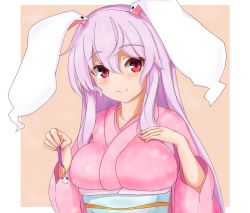 Rule 34 | 1girl, animal ears, breasts, rabbit ears, highres, japanese clothes, kimono, large breasts, looking at viewer, purple hair, red eyes, reisen udongein inaba, smile, solo, sprout (33510539), touhou