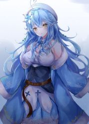Rule 34 | 1girl, absurdres, ahoge, bad id, bad pixiv id, belt, beret, blouse, blue coat, blue hair, blue skirt, blush, braid, breasts, coat, commentary request, flower, french braid, fur-trimmed coat, fur trim, hair between eyes, hair flower, hair ornament, half updo, hat, heart, heart ahoge, highres, hololive, long hair, looking at viewer, medium breasts, open clothes, open coat, open mouth, pointy ears, sa-ya2, shirt, sidelocks, skirt, sleeveless, sleeveless shirt, solo, virtual youtuber, white shirt, yellow eyes, yukihana lamy