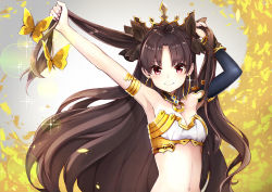 Rule 34 | 1girl, adjusting hair, armlet, armpits, arms up, asymmetrical sleeves, bare arms, bare shoulders, black detached sleeves, black hair, black ribbon, breasts, bug, butterfly, cleavage, collar, detached sleeves, earrings, fate/grand order, fate (series), female focus, hair ribbon, hilo (joy hero), holding, holding hair, hoop earrings, insect, ishtar (fate), jewelry, long hair, looking at viewer, midriff, navel, outstretched arm, pelvic curtain, pilokey, pulling, red eyes, revealing clothes, ribbon, single sleeve, small breasts, smile, solo, sparkle, strapless, tohsaka rin, two side up, type-moon, uneven sleeves, upper body, very long hair
