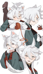 Rule 34 | 1girl, absurdres, ahoge, animal ears, animal hands, black pantyhose, blush, cat ears, closed mouth, commentary request, flying sweatdrops, green jacket, grey eyes, gundam, gundam suisei no majo, highres, jacket, jia ma, kemonomimi mode, licking paw, long hair, long sleeves, looking at viewer, lying, miorine rembran, multiple views, on stomach, open mouth, pantyhose, pillow, simple background, suletta mercury, thought bubble, white background, white hair, yarn, yarn ball
