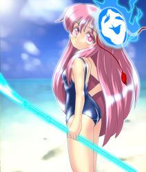 Rule 34 | 1girl, expressionless, hata no kokoro, long hair, looking at viewer, mask, one-piece swimsuit, pink eyes, pink hair, polearm, school swimsuit, solo, spear, swimsuit, touhou, uboa, weapon, winn, yume nikki