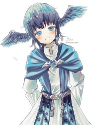 Rule 34 | 1girl, absurdres, black wings, blue capelet, blue eyes, blue hair, blue wings, blush, capelet, feathered wings, final fantasy, final fantasy xiv, grin, head tilt, head wings, highres, leaning to the side, long sleeves, looking at viewer, meteion, robe, signature, simple background, smile, sofra, solo, twitter username, white background, white robe, wings