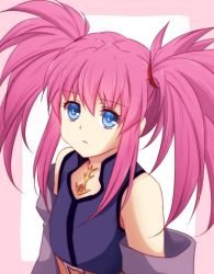 Rule 34 | 1girl, belt, blue eyes, closed mouth, detached sleeves, expressionless, jewelry, long hair, looking at viewer, pink hair, presea combatir, sakuno ririsu, simple background, solo, tales of (series), tales of symphonia, twintails