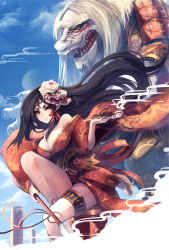 Rule 34 | 1girl, armor, bare shoulders, black hair, breasts, brown eyes, chinese clothes, cleavage, fingernails, genyaky, hanfu, highres, holding, holding smoking pipe, holding weapon, japanese clothes, kimono, kiseru, long hair, looking at viewer, mask, monster, obi, off shoulder, original, pointy ears, polearm, sash, sharp fingernails, sharp teeth, sitting, smile, smoke, smoking pipe, spear, teeth, traditional clothes, weapon, white hair