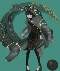 Rule 34 | 1girl, bodysuit, claws, crocodilian, crocodilian tail, diving regulator, diving suit, fangs, full body, green background, green footwear, green hair, high tops, highres, jacket, jacket on shoulders, jacket partially removed, looking at viewer, mecha, original, pleated skirt, robot, scales, scuba gear, shoes, short hair, skirt, slit pupils, sneakers, solo, spikes, tail, toriseka, wetsuit, yellow eyes