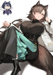Rule 34 | 1girl, absurdres, animal ears, arknights, black coat, black jacket, black nails, breasts, brown hair, coat, dress, extra ears, high heels, highres, holding, jacket, large breasts, long hair, long sleeves, looking at viewer, mole, mole above eye, molyb, open clothes, penance (arknights), penance (occasionally flushed) (arknights), solo, wolf ears, wolf girl, yellow eyes