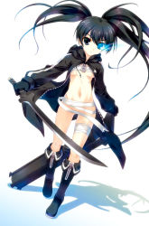 Rule 34 | 10s, 1girl, aoi sora-maru, bandages, black hair, black rock shooter, black rock shooter (character), blue eyes, boots, censored, convenient censoring, glowing, glowing eyes, highres, legs, navel, scar, solo, sword, twintails, weapon