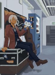 Rule 34 | 1boy, 23011620x, ace attorney, black shirt, blonde hair, blue badger, brown footwear, chain belt, chain necklace, character doll, closed mouth, collared shirt, doll, earrings, full body, highres, holding, holding doll, indoors, instrument case, jacket, jewelry, klavier gavin, long hair, long sleeves, male focus, necklace, pants, poster (object), red jacket, shirt, shoes, short hair, sitting, solo, vending machine