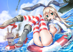 Rule 34 | 10s, 1girl, ass, bad id, bad pixiv id, blonde hair, blue skirt, blush, boots, breasts, cameltoe, cloud, crop top, crop top overhang, day, eating, elbow gloves, food, gloves, holding, holding food, innertube, kantai collection, long hair, looking at viewer, medium breasts, open mouth, popsicle, rensouhou-chan, shimakaze (kancolle), shungikuten, skirt, smile, striped clothes, striped thighhighs, swim ring, thighhighs, underboob, water, wedgie