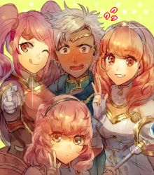 Rule 34 | 1boy, 3girls, armor, blush, boey (fire emblem), breastplate, brown eyes, cape, celica (fire emblem), circlet, curly hair, dark skin, earrings, fingerless gloves, fire emblem, fire emblem echoes: shadows of valentia, genny (fire emblem), gloves, hairband, jewelry, kash-phia, long hair, mae (fire emblem), multiple girls, nintendo, one eye closed, open mouth, pink hair, portrait, red eyes, red hair, staff, teeth, tongue, tongue out, twintails, v, white hair