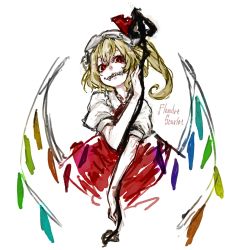 Rule 34 | 1girl, bad id, bad pixiv id, blonde hair, bow, character name, dress, evil grin, evil smile, fangs, female focus, flandre scarlet, grin, hat, hat ribbon, highres, hima (mizu ni tsuyoi), laevatein, making-of available, mob cap, puffy short sleeves, puffy sleeves, red eyes, ribbon, short hair, short sleeves, side ponytail, slit pupils, smile, solo, touhou, upper body, weapon, white background, wings
