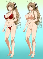 Rule 34 | 10s, 1girl, absurdres, ahoge, amagi brilliant park, bare shoulders, barefoot, bikini, black eyes, blush, breasts, brown hair, cleavage, cleft of venus, feet, full body, gradient background, hair ribbon, highres, large breasts, long hair, multiple views, nakahara kouhei, navel, nipples, nude, nude filter, o-ring, o-ring bottom, o-ring top, ponytail, pussy, red bikini, ribbon, sento isuzu, shiny skin, simple background, standing, swimsuit, thighs, third-party edit, uncensored, variations, yellow eyes