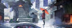 Rule 34 | 1girl, architecture, black thighhighs, bridge, commentary request, east asian architecture, flower, hydrangea, jacket, kitsune (kazenouta), ladle, oil-paper umbrella, original, outdoors, plant, rain, red jacket, shoes, shrine, sidelocks, skirt, solo, stairs, standing, temizu, thighhighs, umbrella, white footwear
