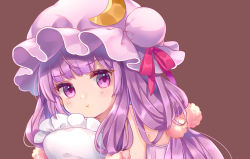 Rule 34 | 1girl, :t, blunt bangs, blush, brown background, closed mouth, crescent, crescent hat ornament, double bun, eyelashes, hair bun, hair ornament, hat, hat ornament, hat ribbon, holding, holding pillow, hugging object, lingerie, long hair, looking at viewer, mimi (mimi puru), mob cap, negligee, patchouli knowledge, pillow, pillow hug, pink hat, pom pom (clothes), pom pom hair ornament, pout, purple eyes, purple hair, red ribbon, ribbon, simple background, solo, touhou, underwear, upper body