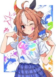 Rule 34 | 1girl, ahoge, animal ears, blue nails, blue skirt, brown hair, clothes writing, commentary, copano rickey (umamusume), double bun, ear covers, hair bun, hands up, highres, holding, holding paintbrush, horse ears, horse girl, horse tail, isaka cat, long hair, looking at viewer, nail polish, one eye closed, outside border, paint splatter, paint splatter on face, paintbrush, pink eyes, plaid, plaid skirt, pointing, pointing at self, shirt, short sleeves, side up bun, skirt, solo, standing, t-shirt, tail, translated, umamusume, upper body, white shirt