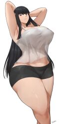 arms_behind_head batako_(batakoart) black_hair blue_eyes breasts camisole highres kill_la_kill kiryuuin_satsuki large_breasts long_hair shorts thick_eyebrows thick_thighs thighs