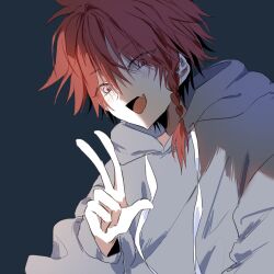 Rule 34 | 1boy, blush, braid, fang, grey hoodie, haep0912, hood, hood down, hoodie, looking at viewer, maeno aki, male focus, open mouth, pale skin, red eyes, red hair, short hair with long locks, sketch, skin fang, solo, tongue, tongue out, v, zeno (game)