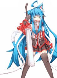 Rule 34 | 1girl, ahoge, animal ears, black thighhighs, blue hair, cat ears, chainsaw, colorized, coup (shun soku), green eyes, highres, long hair, looking at viewer, original, simple background, skirt, solo, thighhighs, tokisamesigure, very long hair, white background