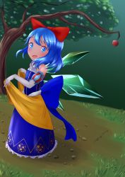 Rule 34 | 1girl, absurdres, apple, artist name, bare shoulders, blue dress, blue eyes, blue gemstone, blue hair, blue sleeves, blush, bow, child, cirno, cosplay, crystal, detached sleeves, dress, elbow gloves, female focus, flat chest, food, frilled dress, frills, from side, fruit, full body, gem, gloves, grass, green background, hair bow, hands up, happy, highres, ice, ice wings, jewelry, katsura dendou, looking at viewer, matching hair/eyes, necklace, open mouth, outdoors, puffy short sleeves, puffy sleeves, red bow, short hair, short sleeves, sidelocks, signature, sleeveless, sleeveless dress, smile, snow white, snow white (disney), snow white (disney) (cosplay), solo, standing, tanned cirno, touhou, tree, white gloves, wings
