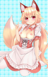 Rule 34 | 1girl, :&gt;, animal ears, apron, aqua background, arm support, arm up, black ribbon, blonde hair, blush, bow, breasts, breasts out, closed mouth, collared dress, cross-laced clothes, detached collar, dress, fox ears, fox girl, fox shadow puppet, fox tail, frilled apron, frilled dress, frilled sleeves, frills, hair bow, hair ornament, hairclip, heart, heart hair ornament, highres, jewelry, juliet sleeves, leaning back, long sleeves, maid, maid apron, medium breasts, nipples, no bra, no shoes, pantyhose, pendant, pink dress, pink eyes, plaid, plaid background, plaid bow, pointy hair, puffy short sleeves, puffy sleeves, red bow, ribbon, shiny skin, short sleeves, sidelocks, sitting, sleeve cuffs, smile, sogaya, solo, tail, two side up, underbust, waist apron, wariza, white apron, white bow, white pantyhose, white ribbon