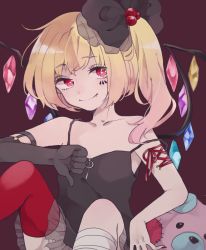 Rule 34 | 1girl, alternate costume, babydoll, bandages, bandaged leg, bandages, bare shoulders, black bow, black dress, black gloves, blonde hair, bow, chaaya, collarbone, commentary request, doll, dress, elbow gloves, fang, fang out, flandre scarlet, gloves, hair bobbles, hair bow, hair ornament, looking at viewer, nail polish, no headwear, no headwear, purple background, red eyes, red legwear, red nails, side ponytail, simple background, single elbow glove, sitting, smile, solo, spaghetti strap, strap slip, touhou, wings