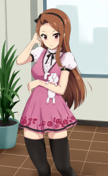 Rule 34 | 0byte, 1girl, arm across waist, black hairband, black thighhighs, blush, breasts, brown eyes, brown hair, closed mouth, commentary request, dress, eyelashes, hairband, hand up, highres, holding, holding stuffed toy, idolmaster, idolmaster (classic), idolmaster 2, long hair, looking at viewer, minase iori, pink dress, plant, potted plant, short sleeves, smile, solo, standing, stuffed animal, stuffed rabbit, stuffed toy, thighhighs, tile floor, tiles