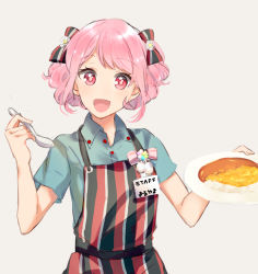 Rule 34 | 1girl, apron, bang dream!, blouse, blue shirt, bow, collared shirt, curry, food, hair bow, highres, id card, komachi narota, looking at viewer, maruyama aya, pink hair, plate, red eyes, shirt, short hair, short sleeves, simple background, smile, solo, spoon, striped apron, striped clothes, waitress