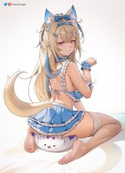 Rule 34 | 1girl, animal ear fluff, animal ears, artist name, ass, back, blonde hair, blue hair, blush, breasts, collar, dog ears, dog girl, fang, feet, from behind, fuwawa abyssgard, greatodoggo, hair ornament, highres, hololive, hololive english, large breasts, legs, long hair, looking at viewer, multicolored hair, nail polish, patreon logo, patreon username, perroccino (fuwamoco), pink eyes, sitting, skin fang, skirt, smile, smug, soles, solo, streaked hair, tail, thighhighs, thighs, toenail polish, toenails, toes, twitter logo, twitter username, virtual youtuber