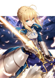 Rule 34 | 1girl, ahoge, armor, armored dress, artoria pendragon (fate), blonde hair, excalibur (fate/stay night), fate/stay night, fate (series), gabiran, gauntlets, green eyes, long hair, saber (fate), solo, sword, weapon