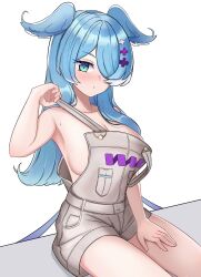 Rule 34 | + +, 1girl, :o, aqua eyes, bare shoulders, blue hair, blush, breasts, cleavage, collarbone, dragon girl, elira pendora, elira pendora (1st costume), hair over one eye, hair over shoulder, hand on own thigh, head wings, highres, j.d. thunderhawk, large breasts, long hair, looking at viewer, low wings, mole, naked overalls, nijisanji, nijisanji en, open mouth, overall shorts, overalls, sideboob, simple background, sitting, solo, strap pull, strap slip, swept bangs, virtual youtuber, white background, wings