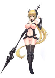 Rule 34 | 1girl, adapted costume, armor, armored boots, black saint, black thighhighs, blonde hair, boots, breasts, character request, cross, detached sleeves, full body, green eyes, headgear, large breasts, long hair, looking at viewer, navel, nipples, no pussy, polearm, revealing clothes, smile, solo, spear, standing, stmast, thighhighs, very long hair, weapon, white background