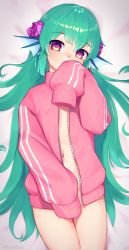 Rule 34 | 1girl, aqua hair, bed sheet, commentary, covering own mouth, dakimakura (medium), ear piercing, english commentary, finana ryugu, fins, fish girl, flower, hair flower, hair ornament, hair spread out, hand over own mouth, head fins, heart, heart-shaped pupils, highres, jacket, long hair, looking at viewer, lying, naked jacket, navel, nijisanji, nijisanji en, on back, piercing, pink jacket, purple eyes, sleeves past fingers, sleeves past wrists, solo, symbol-shaped pupils, very long hair, virtual youtuber, yoako