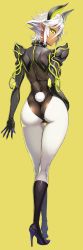 Rule 34 | 10s, 1girl, ass, boots, clothing cutout, dark-skinned female, dark skin, full body, green eyes, hair between eyes, hand on own hip, high heel boots, high heels, highres, horns, kneepits, leotard, ookuma nekosuke, pantyhose, pointy ears, rabbit tail, shinmai maou no testament, short hair, simple background, solo, standing, tail, tail through clothes, white hair, white pantyhose, yellow background, yellow theme, zest