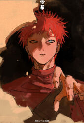 Rule 34 | 1boy, gaara (naruto), geokinesis, green eyes, hand up, highres, looking at viewer, male focus, myyykco, naruto (series), naruto shippuuden, open hand, red hair, sand, serious, shaded face, shirt, short hair, solo, tattoo, upper body