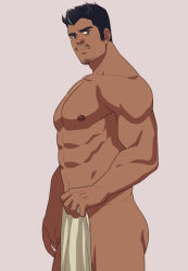 Rule 34 | 1boy, abs, bara, black hair, covering privates, covering crotch, dark-skinned male, dark skin, facial hair, feet out of frame, from side, goatee, highres, large pectorals, long sideburns, looking at viewer, male focus, mature male, muscular, muscular male, mustache, navel, nipples, nose piercing, nose ring, nude, nude cover, original, pectorals, piercing, short hair, sideburns, solo, stomach, stubble, thick eyebrows, zink (zink mchn)