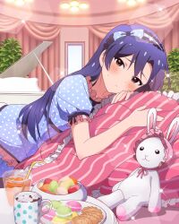 Rule 34 | 1girl, blue hair, card (medium), cup, drinking straw, food, idolmaster, idolmaster million live!, idolmaster million live! theater days, kisaragi chihaya, official art, pajamas, plate, red eyes, solo, stuffed toy