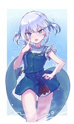 Rule 34 | 1girl, akanbe, bloop (gawr gura), blue eyes, blue hair, blue nails, blue skirt, buttons, cowboy shot, eyelid pull, fins, fish tail, frilled sleeves, frills, gawr gura, gawr gura (casual), hair bobbles, hair ornament, hand on own hip, highres, hololive, hololive english, multicolored hair, nail polish, official alternate costume, shark tail, shirt, short sleeves, shrimp, sidelocks, skirt, skirt set, solo, streaked hair, suspenders, tail, tongue, tongue out, twintails, two side up, unya (unyaunia), virtual youtuber, wet, white shirt
