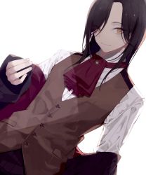 Rule 34 | 1boy, absurdres, ascot, bad id, bad pixiv id, black hair, brown vest, collared shirt, dutch angle, hair over one eye, highres, long hair, looking at viewer, nijisanji, red ascot, red neck, shellin burgundy, shi chi 41, shirt, simple background, solo, vest, virtual youtuber, waistcoat, white background, white shirt, yellow eyes