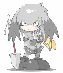 Rule 34 | 10s, 1girl, :|, adjusting clothes, adjusting gloves, blush stickers, bodystocking, breast pocket, chibi, closed mouth, collared shirt, fingerless gloves, full body, gloves, grey hair, grey shirt, grey shorts, hair between eyes, hands up, kemono friends, ko1mitaka, layered sleeves, long hair, long sleeves, looking to the side, low ponytail, multicolored hair, necktie, orange hair, pantyhose, pocket, polearm, shirt, shoebill (kemono friends), shoes, short over long sleeves, short sleeves, shorts, side ponytail, solo, spear, standing, weapon, white necktie, yellow eyes
