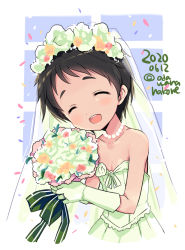 Rule 34 | 1girl, ^ ^, black hair, bouquet, bridal veil, closed eyes, collarbone, dated, dress, flat chest, flower, gloves, holding, holding bouquet, jewelry, kantai collection, maru-yu (kancolle), necklace, odawara hakone, one-hour drawing challenge, open mouth, short hair, sleeveless, sleeveless dress, smile, solo, twitter username, veil, wedding dress, white dress, white gloves