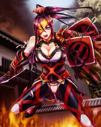 Rule 34 | 1girl, armor, arrow (projectile), breasts, cleavage, eyepatch, fire, ichiban renga, jumping, large breasts, long hair, looking at viewer, open mouth, original, purple hair, scar, solo, sword, weapon
